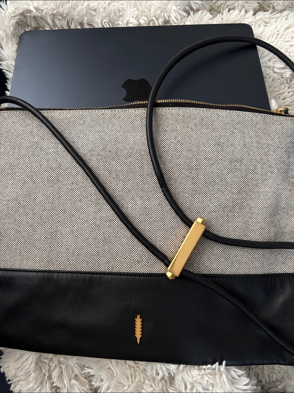 THACKER Canvas and Black Leather Trim Tote Bag with heavy metal Gold Accent